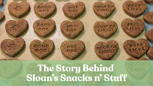 dog treats in the shape of hearts. Name "the story behind Sloan's Snacks n' Stuff"